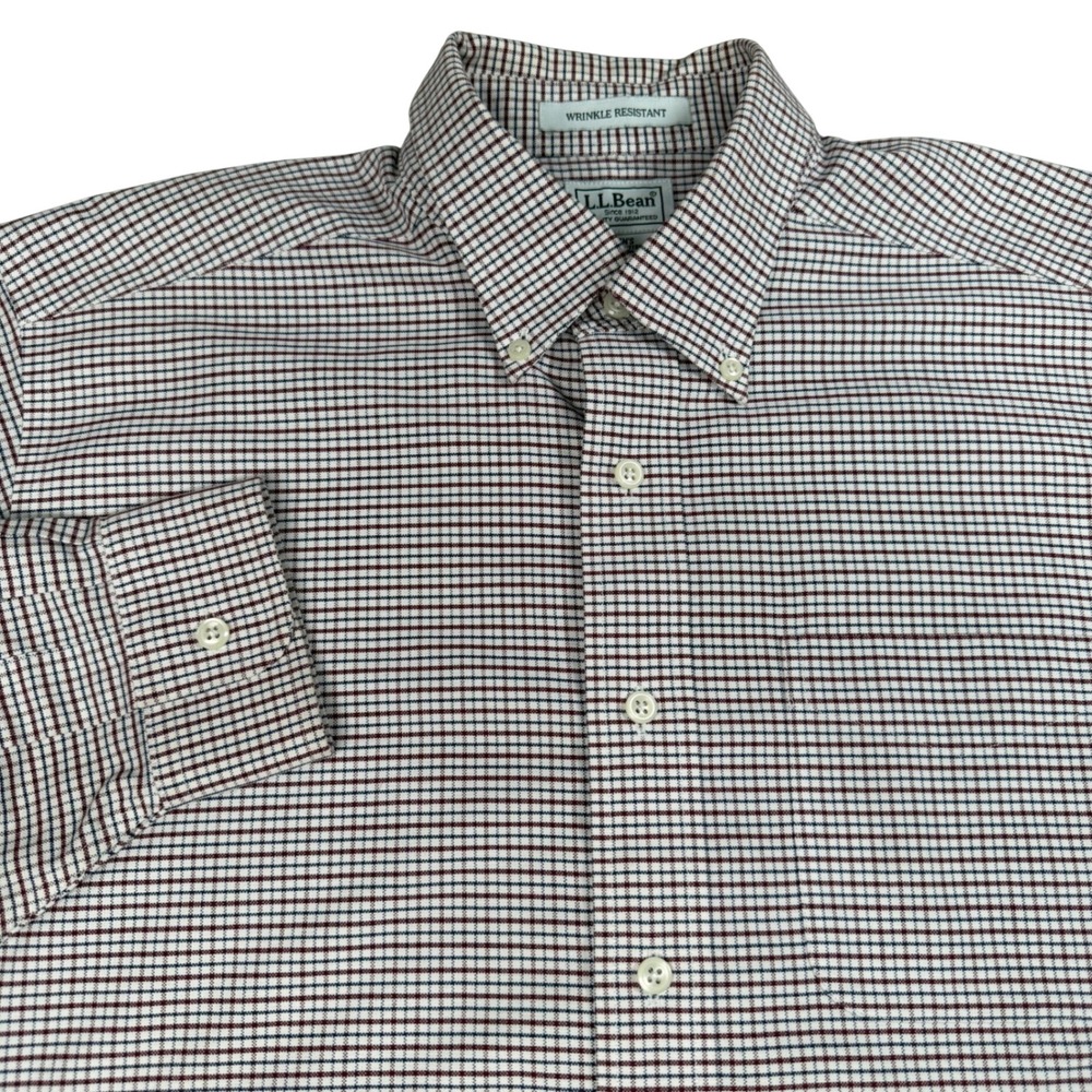 LL Bean Mens Wrinkle Resistant Cotton Check Button Down Shirt 16-33 Burgundy